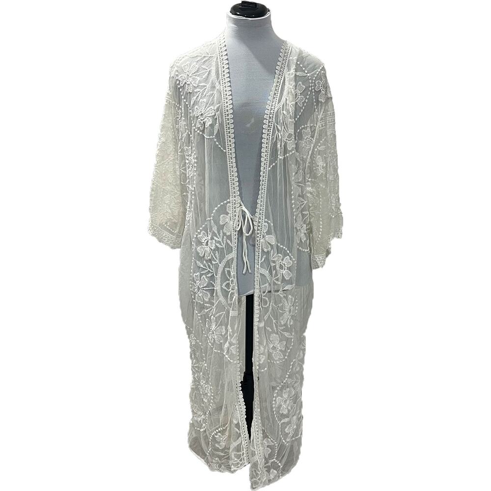 Forgotten Grace Ivory Lace Mesh Embroidered Duster Kimono Cardigan Boho L XL